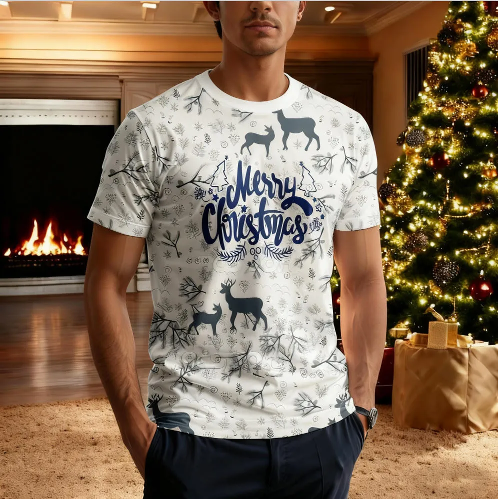 

3D Print Men's Christmas Theme T-Shirts Fashion Creative Xmas Elements Short Sleeve Tees Loose Casual Festival Party O-Neck Tops