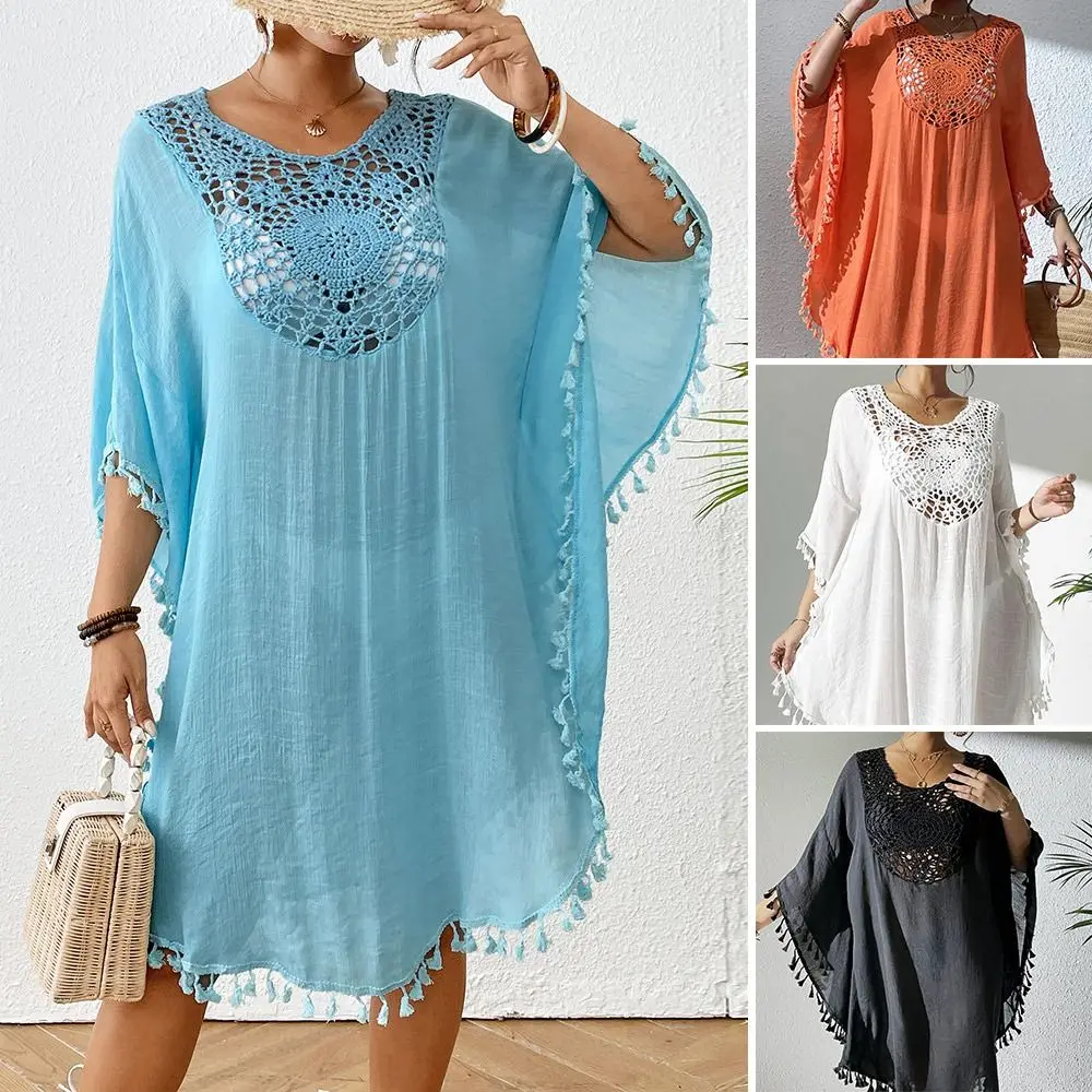 Square Neck Summer Sunscreen Smock Loose Hollow Out Swimsuit Cover Up Dress Bathing Suit Vacation Beachwear Shirt for Women