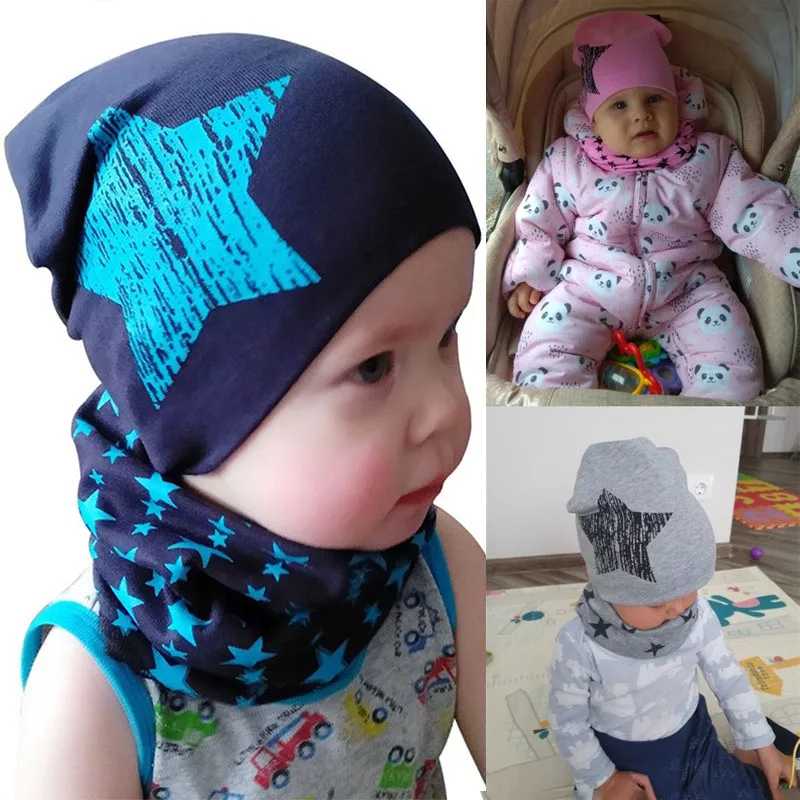 Spring Autumn 2PCS Baby Beanie Hat Scarf Stars Print Warm Toddler Hat Scarf for Girls and Boys Infant Hats Set Kids Skull Caps