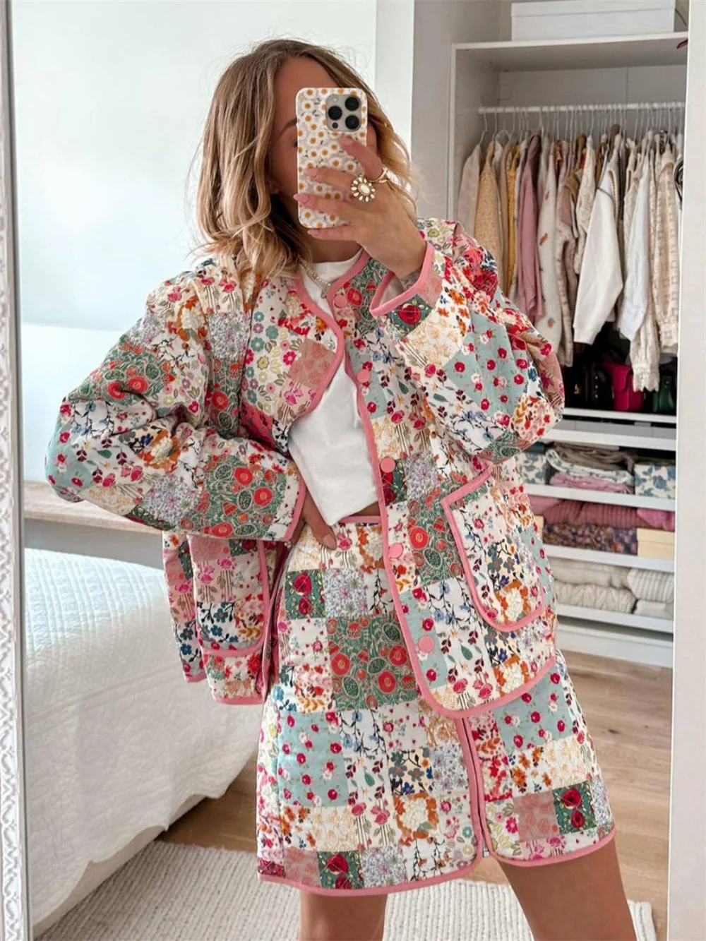 Vintage Flower Printed Patchwork Cotton Jacket and Mini Skirt for Women Autumn Pink Single Breasted Short Coat Zipper Skirt Set