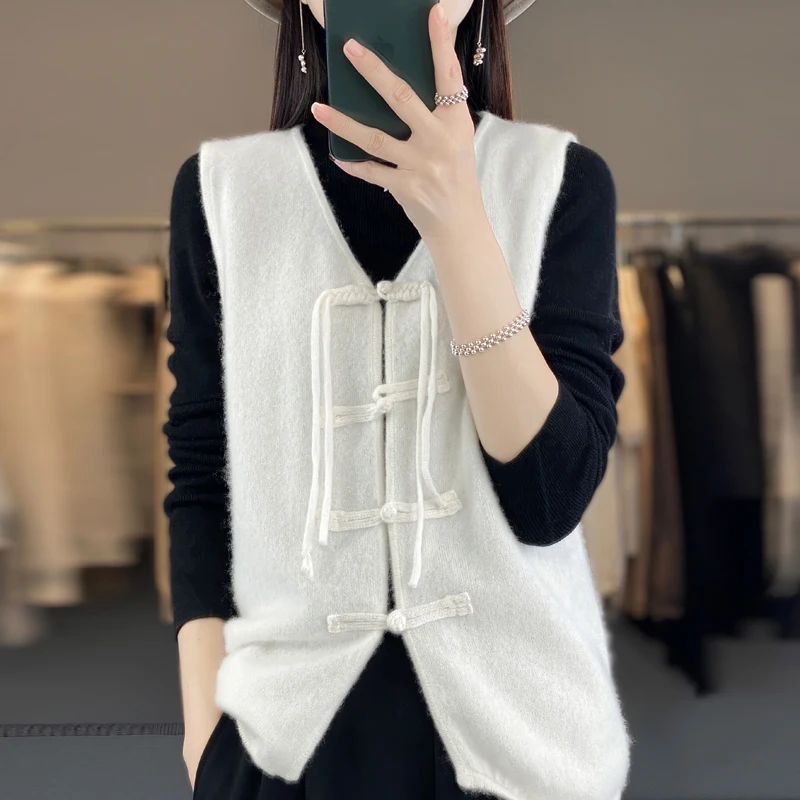 Autumn Winter New Chinese Style Vintage Plate Buckle 100 Pure Wool Vest Cardigan Women V-neck Solid Color Knitted Woolen Sweater