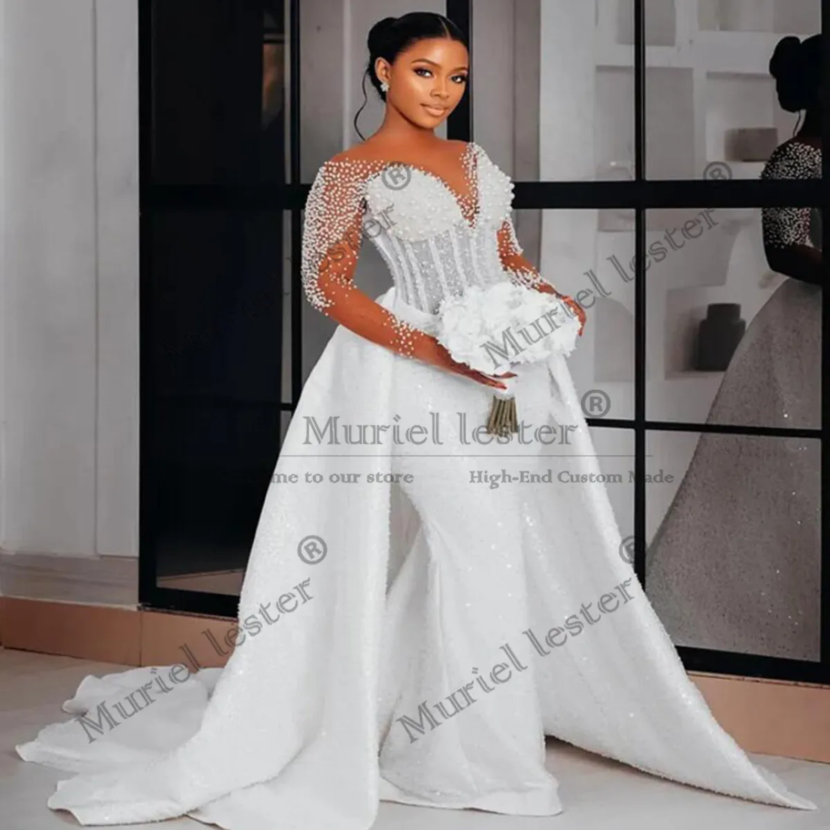 

Customized Mermaid Wedding Dresses For Bride Sparkly Sequins Beads Bridal Gowns Detachable Train 2 in 1 Long Sleeves Women Dress