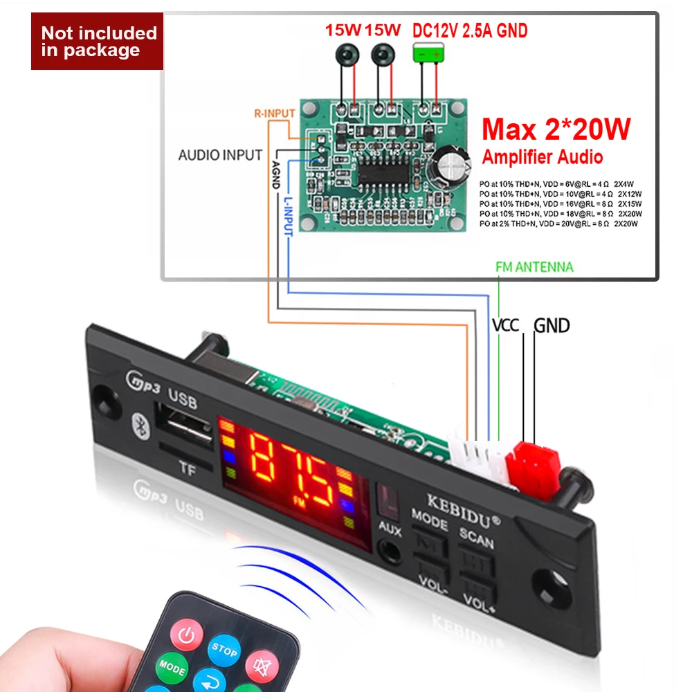 KEBIDU Car FM Radio Module Stereo Bluetooth 5.0 MP3 Decoder Board 12V TF USB AUX WMA For 2*20W 40W Amplifier Home Speaker Player