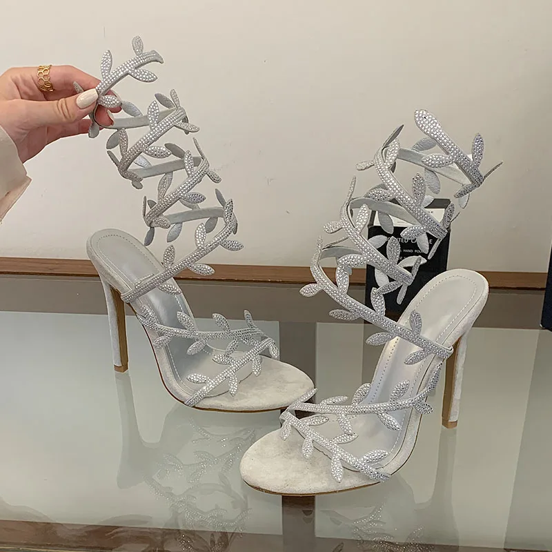 New Summer Fashion Crystal Ankle Snake Twine Around Strap Sandals Women Party Shoes Sexy Peep Toe High Heels Sandals Shoes