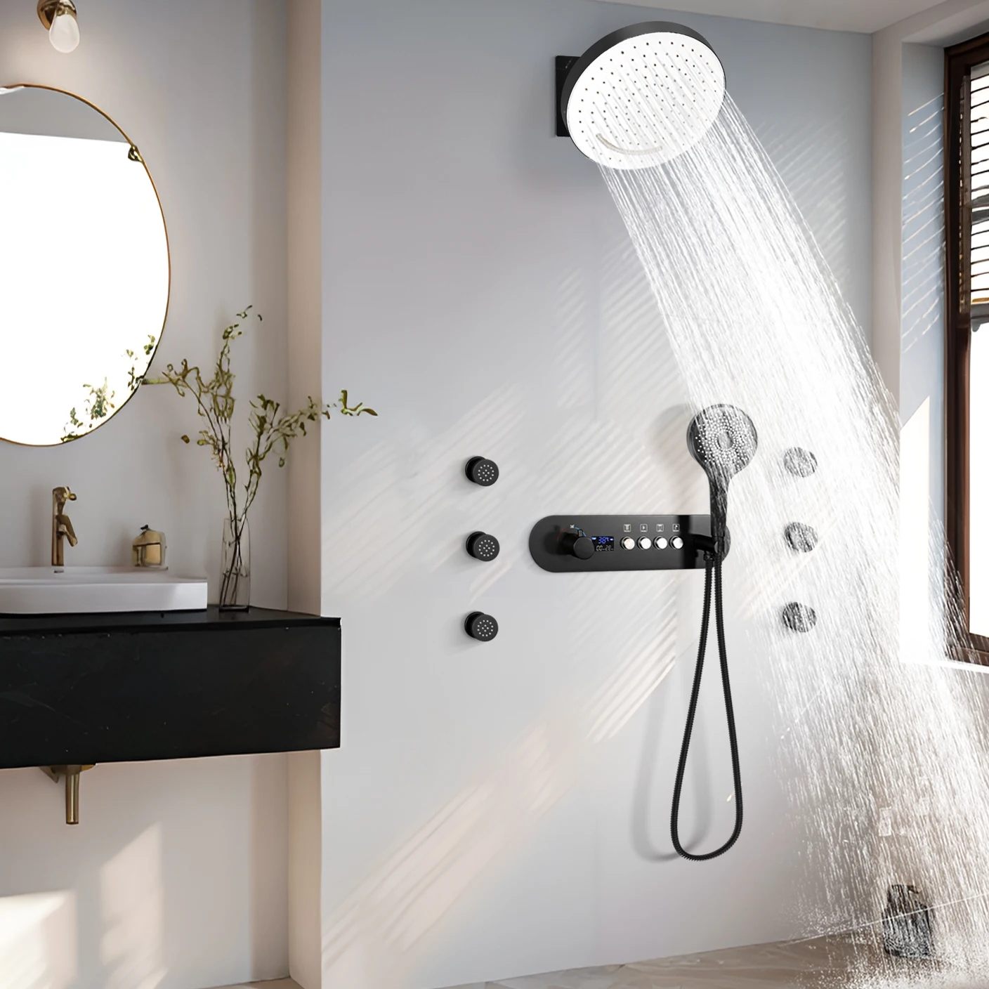 Matte Black Thermostatic Temperature Display Shower Body Sprays Systems Wall Mounted 320*320mm Rain Shower Faucet Set