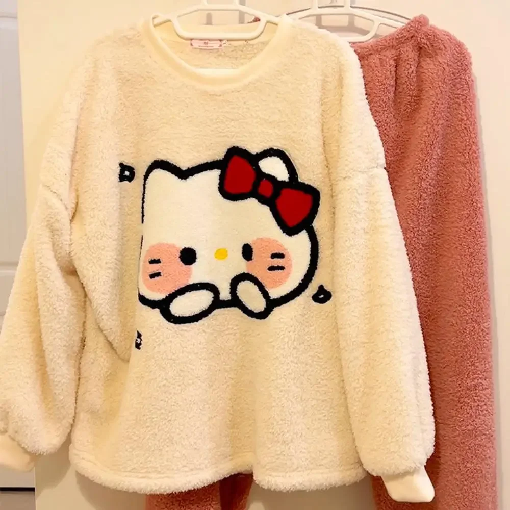 Cute Women Pajamas Suit Hello Kitty Cinnamoroll Sanrioed Anime Kawaii Plush Spring Cartoon Coral Fleece Homewear Warm Nightwear