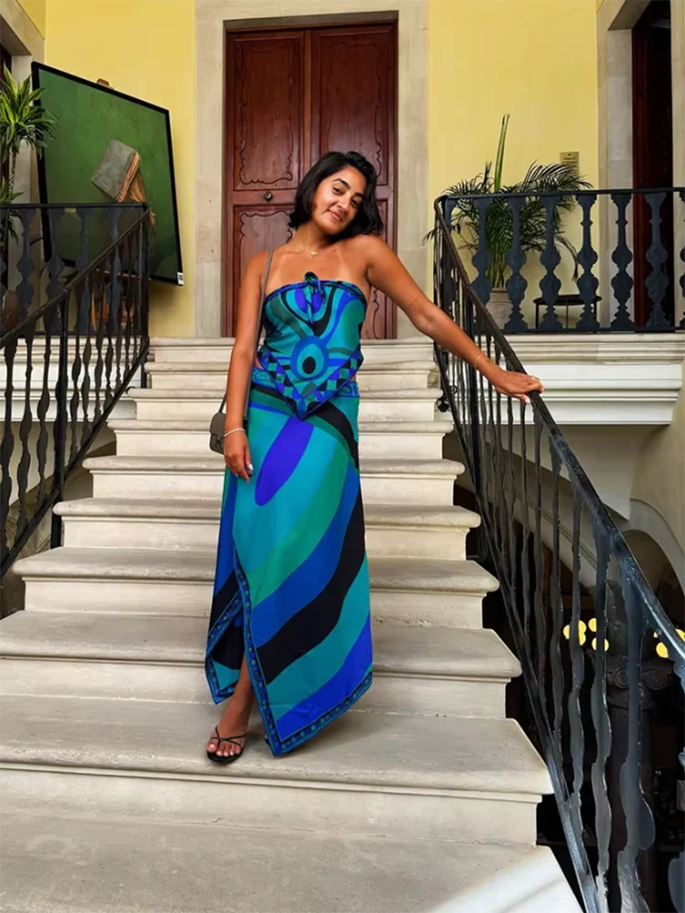 Summer Fashion Casual Resort Asymmetrical Geometric Print Long Skirt Women's Middle Waist Slim Elegant Side Split A-Line Skirt