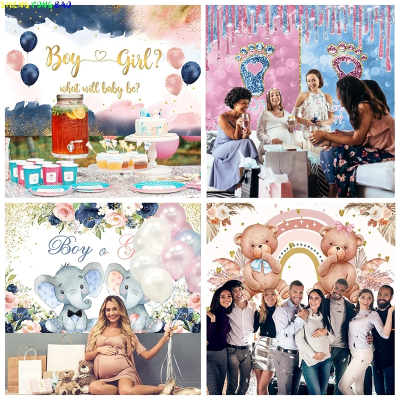 Gender Reveal Backdrop Boy Or Girl He Or She Baby Shower Photography Background Blue Or Pink Elephant Bear Balloon Banner Props