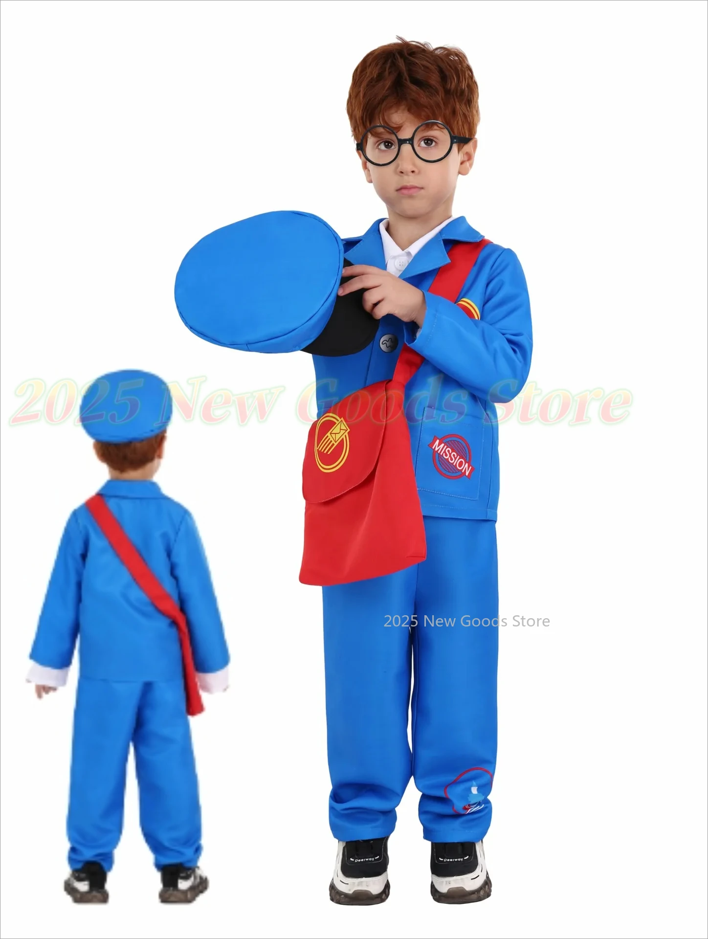 

Kids Mailman Costume Mail Carrier Costume kit Postman Canvas Bag+Hat+shirt+pants Glasses Career Day Occupational Halloween