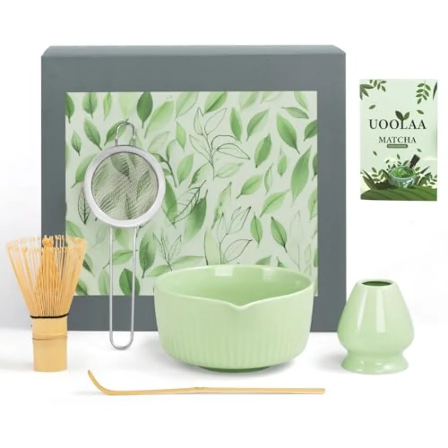 Ceremony Matcha Kit with Bamboo Scoop, Whisk, Holder, Sifter, Chawan Ceramic Bowl with Spout, 5 Pcs Green Japanese Matcha Whisk