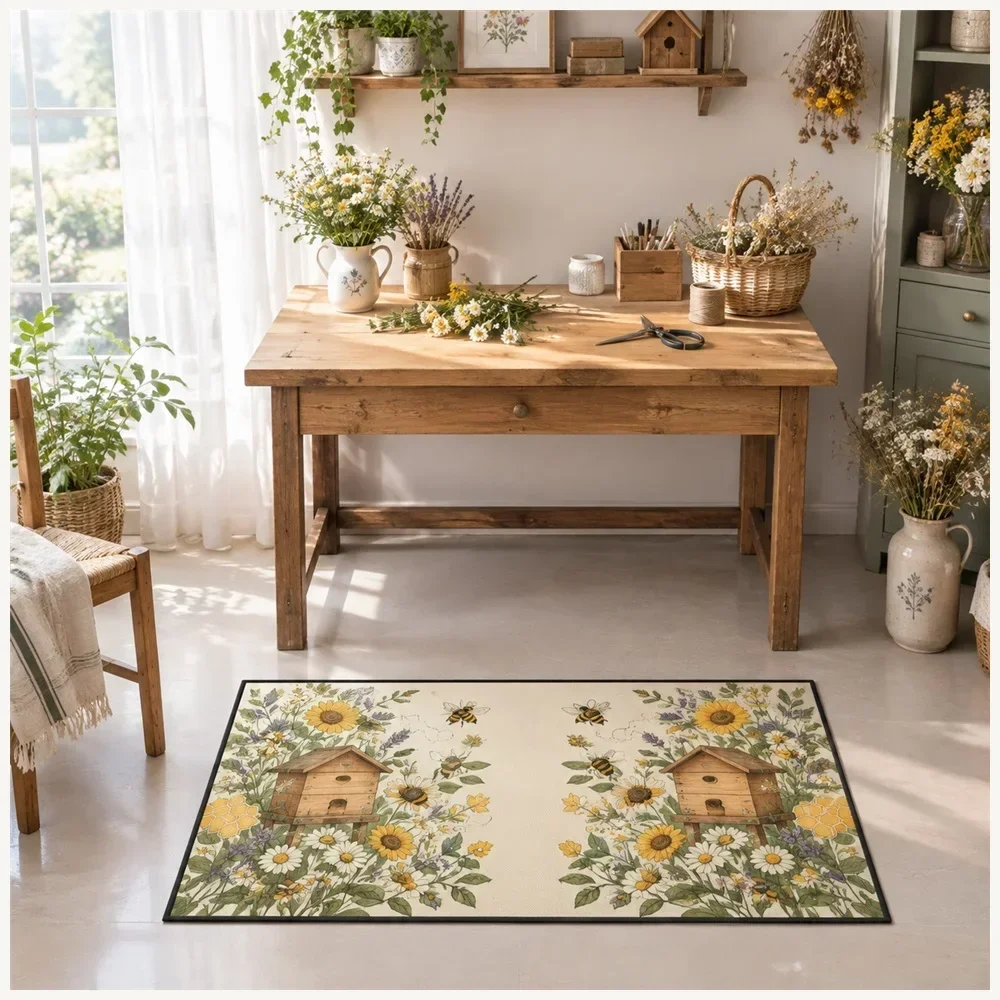 VIKAMA Bee Hive Door Mat, Soft Touch Non Slip Flannel Rug, Country Charm Floor Mat for Conservatory, Dining Room, Bathroom
