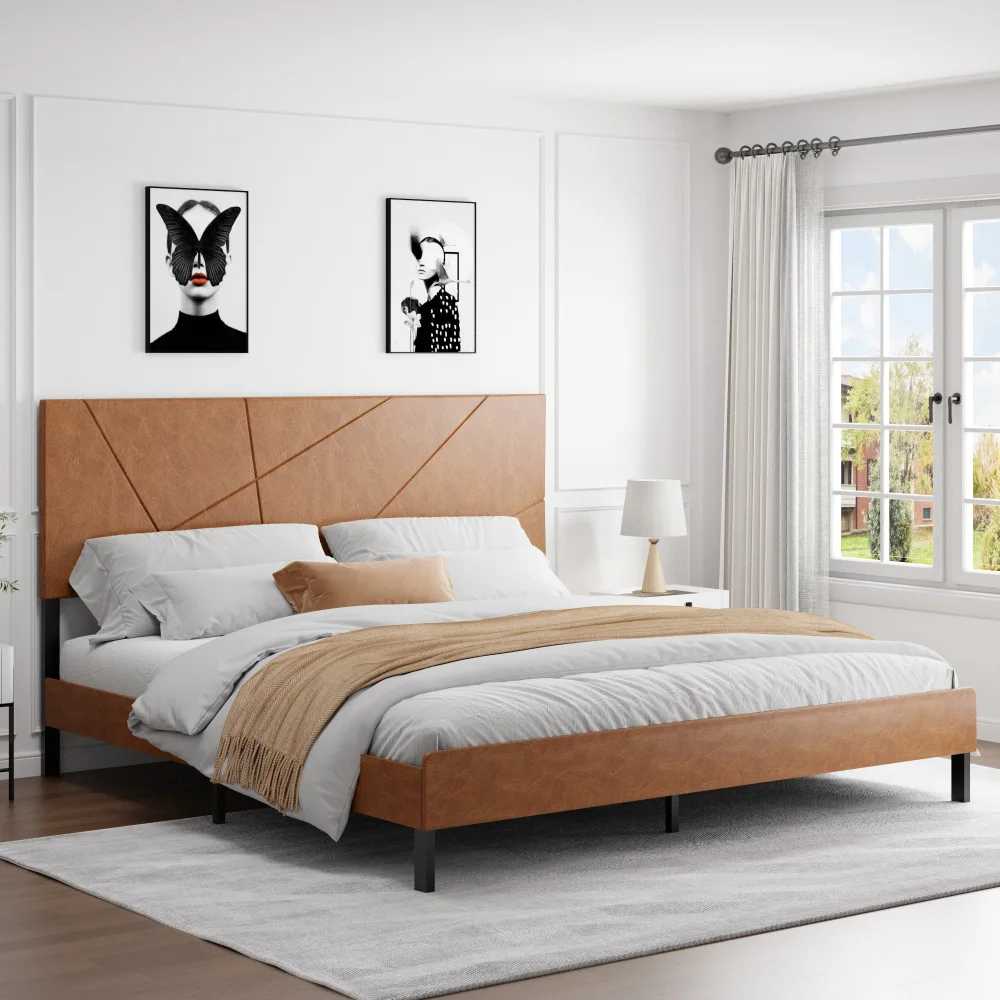 

King size metal bed frame, square platform bed with under-bed storage, no spring-loaded mattress required, vintage brown