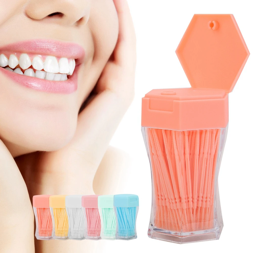 200 Pcs Food-grade Double Head Toothpick Taper Shape Soft Brush Household Cleaning Tartar Removal Hexagonal Bottles Simple Pack