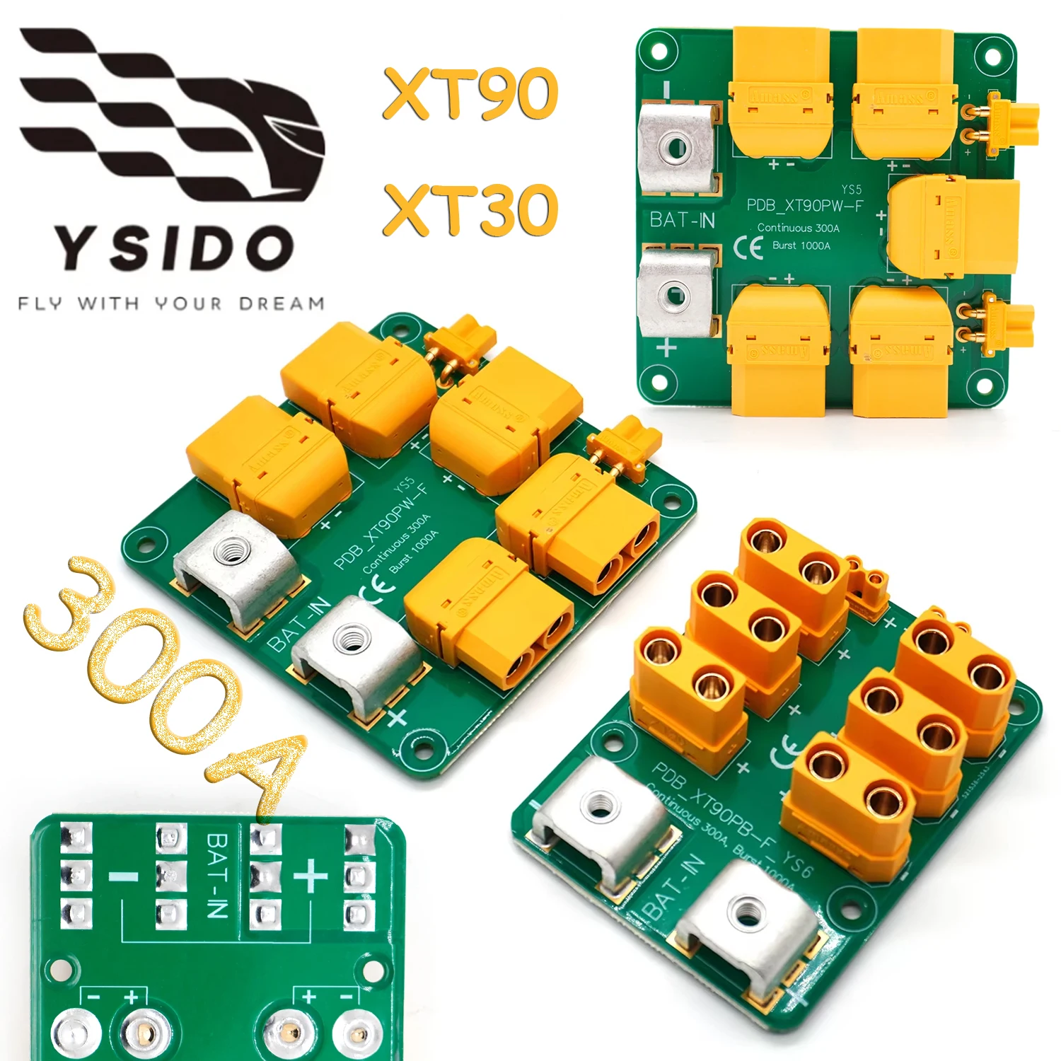 

YSIDO Power Distribution Board (PDB) 300A Side Top Plug Entry Adapter Cable Pre-Soldered with XT90 & XT30 For RC Model Parts