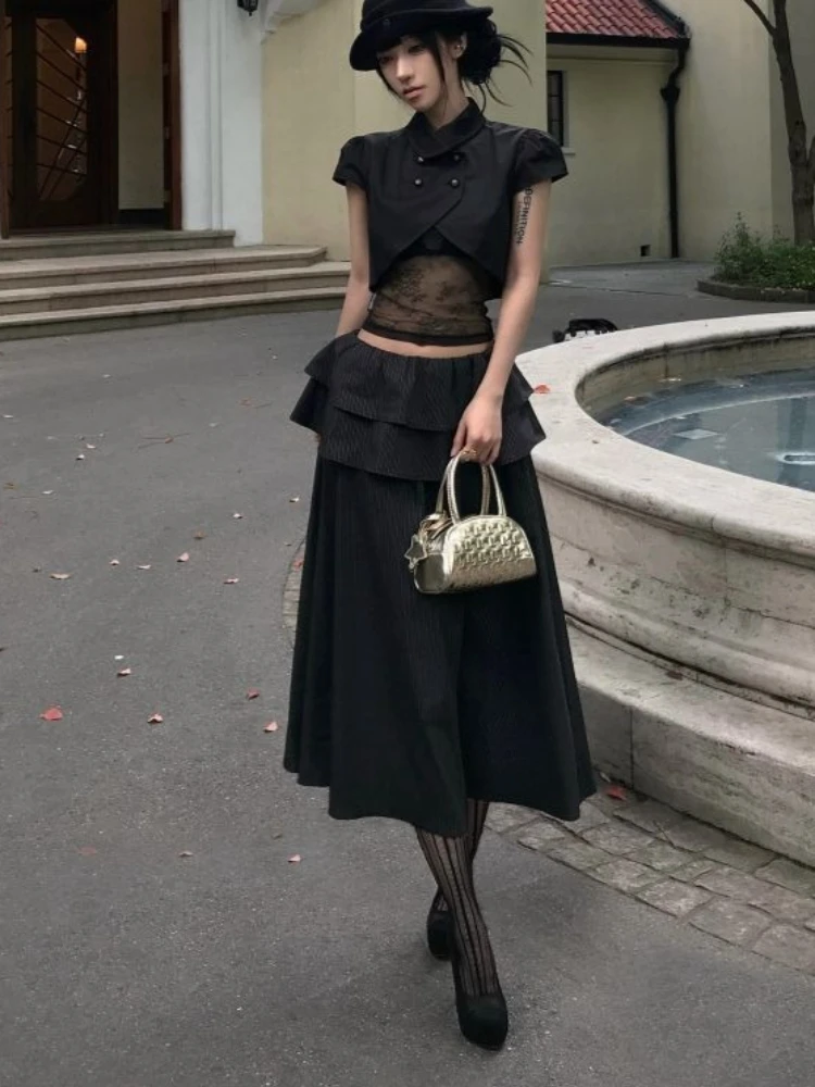 

French Elegant Sweet Lace Cropped Jacket Bandeau Top High Waist Tiered Cake Skirt 3 Piece Set Women Black Party Daily Outfits