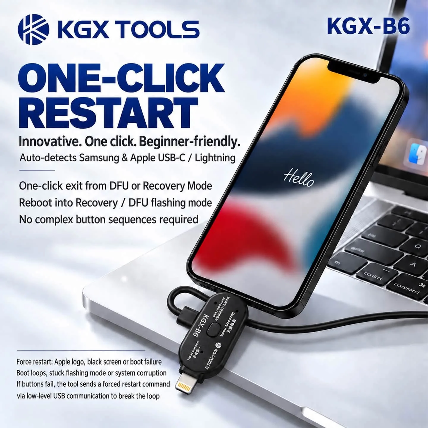 KAIGEXIN features a one-click recovery and flashing design, supporting Recovery mode as well as DFU and Sam (Bootloader) modes.