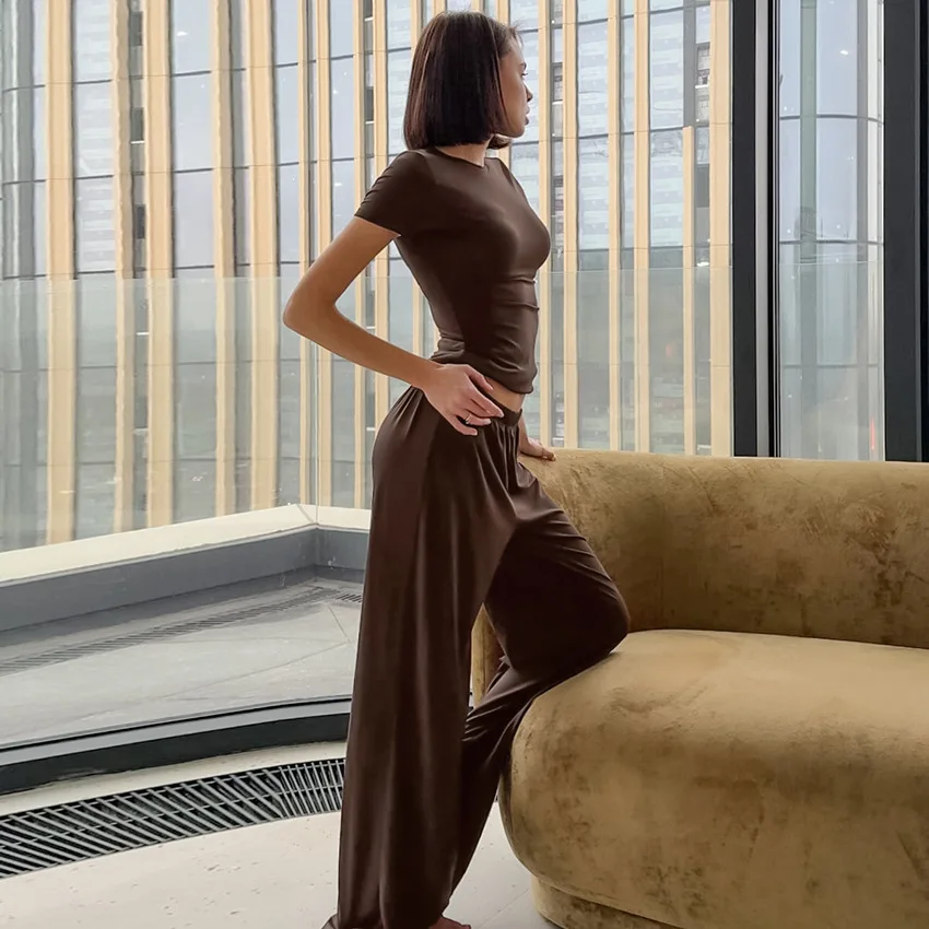 2025 New Brown Slim Fit Short-sleeved Trousers Round Neck Home Clothes Comfortable Knitted Casual Pajamas for Women
