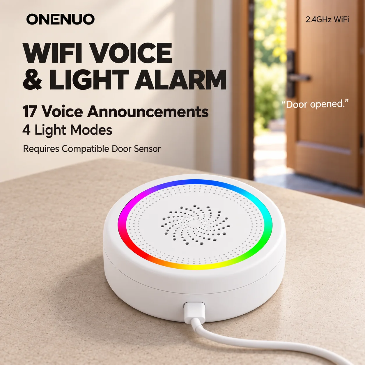 Tuya WiFi Voice and Light Alarm Smart Life APP Control 17 Voice Announcements 4 Light Modes Type-C Powered Smart Home
