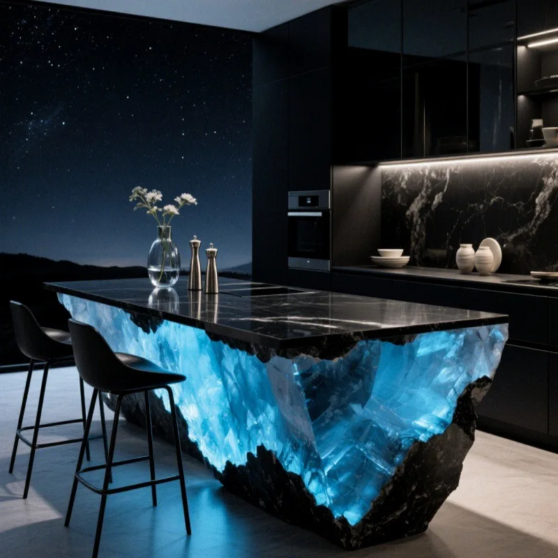 Italian luxury stone island custom club front desk transparent resin luminous bar crystal island high-end creative tea table