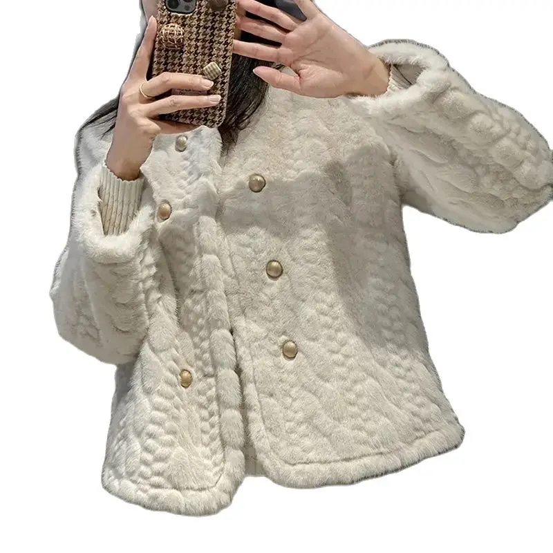 Autumn Winter 2024 New Imitation Mink Fur Coat Women\'s Short Jacket Plus Cotton Padded Outerwear Round Neck Mao Mao Woolen Coat