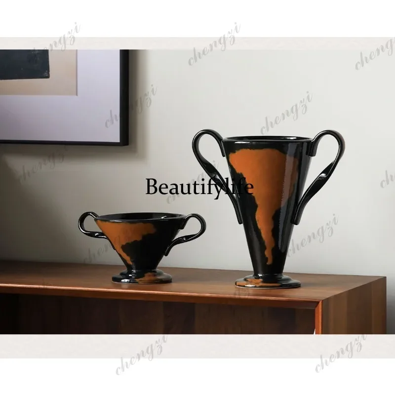 F181  New French medieval binaural geometric ceramic vase niche wine cabinet living room entrance ornament
