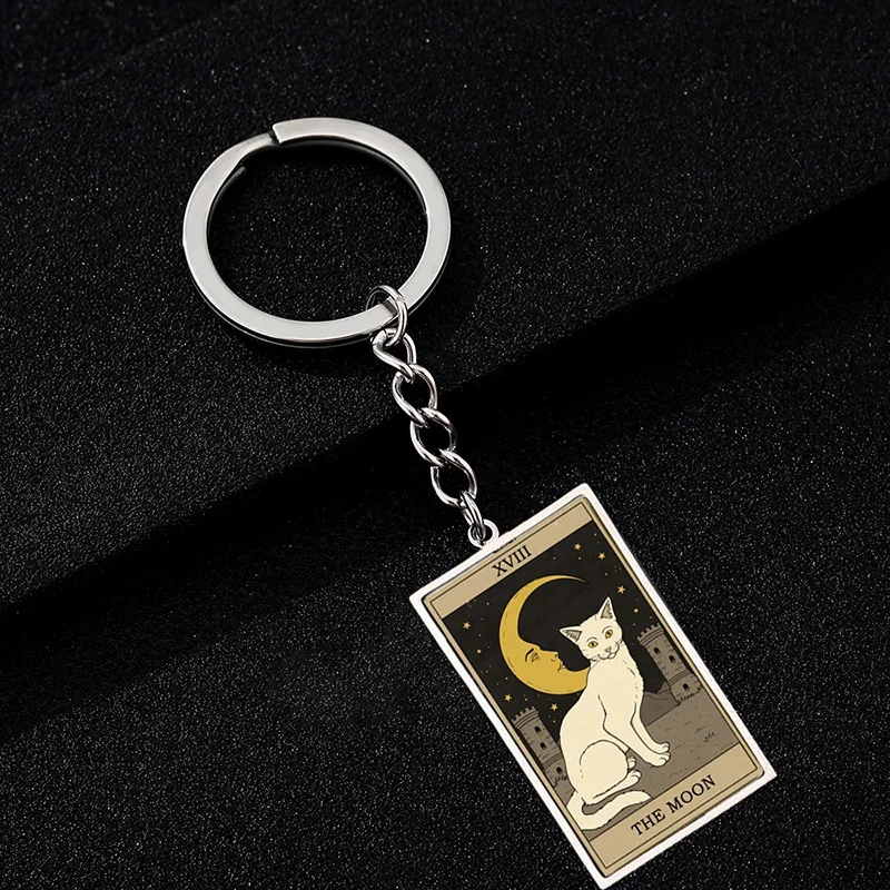 لطيف القط التارو بطاقة قلادة سلاسل المفاتيح خمر مستطيل الايبوكسي الفولاذ المقاوم للصدأ مفتاح سلسلة كيرينغ الحيوان العرافة مجوهرات