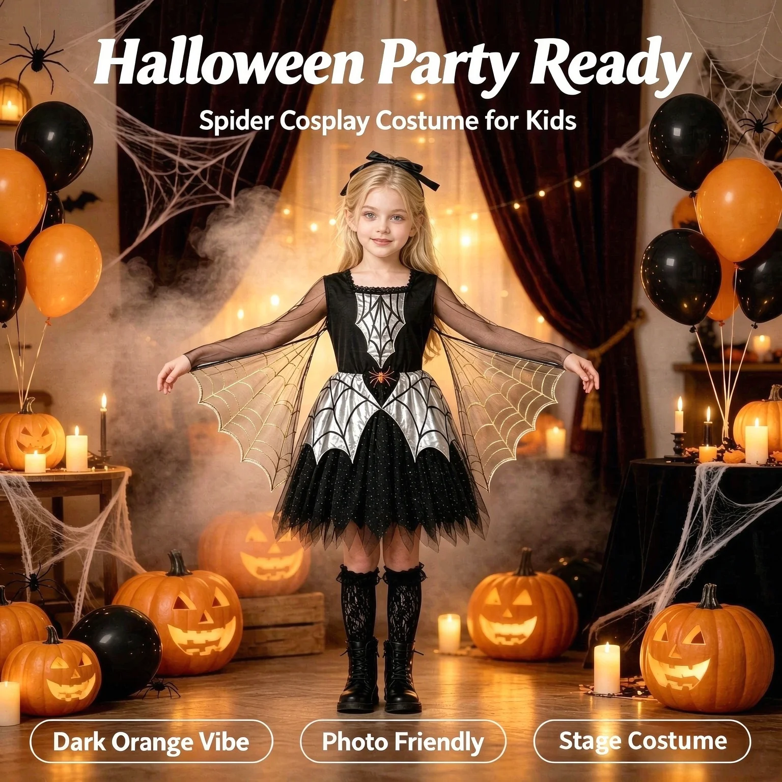 1er-Pack Mädchen-Kostüm mit Spinnen-Motiv, Spinnennetz-Umhang-Kleid, Halloween-Karnevals-Outfit für Bühnenauftritte & Cosplay-Partys – Detail 6