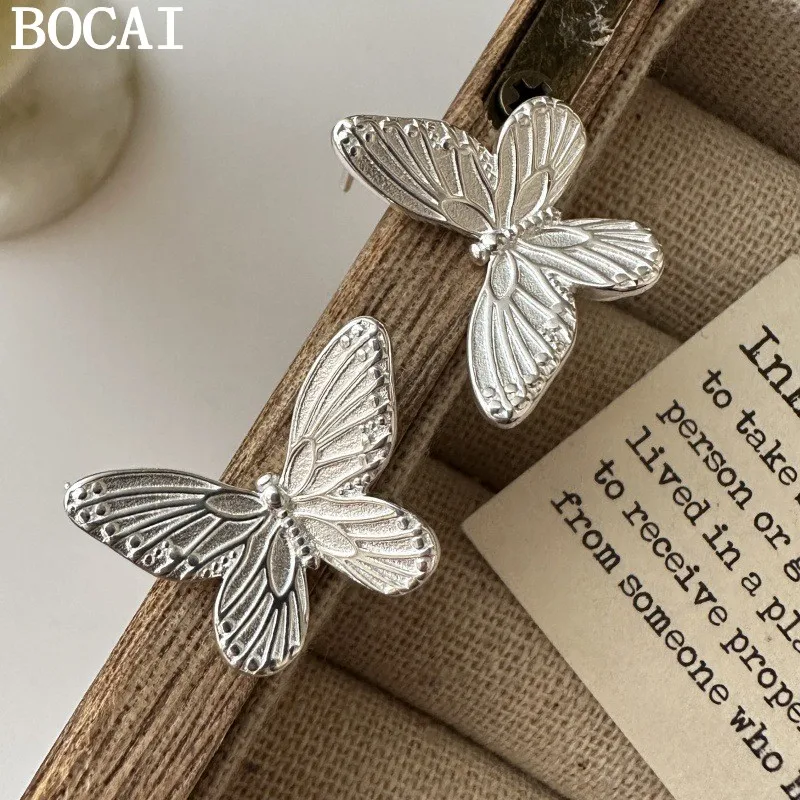 

BOCAI NEW S925 Sterling Silver Fashionable And Luxurious Textured Butterfly Earrings Women's Gift