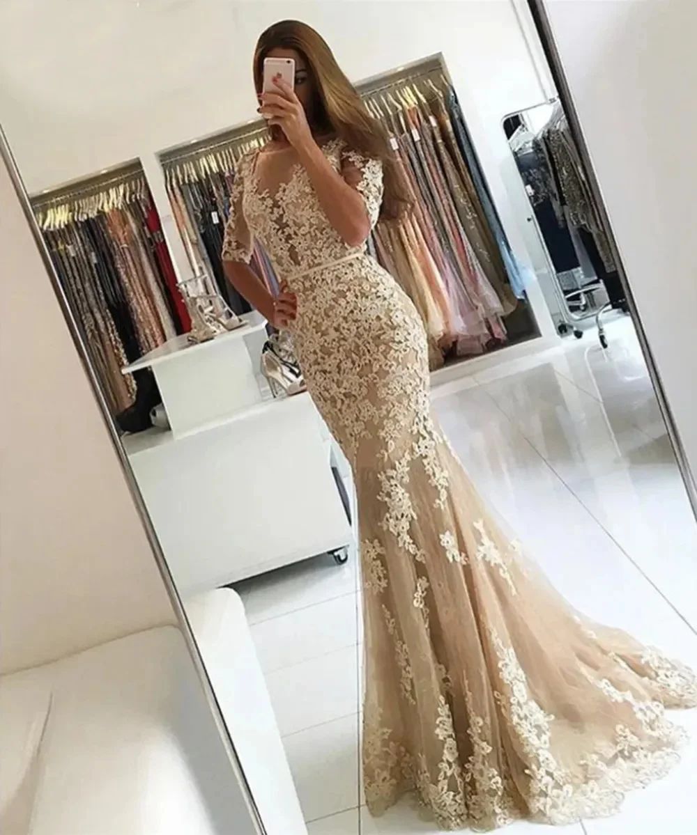 Nieuwe Formele Jurk Halve Mouwen Avondjurk Kant Appliques Mermaid Prom Dress 2024 Trouwjurk Elegante Bruidsjurk