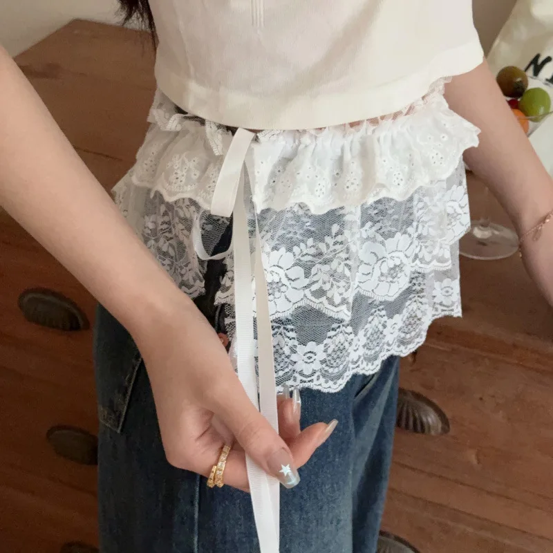 Lace Irregular Skirt White Floral Mesh Halfbody Skirt Women Summer Bottoms Jeans Decorative Hemline Layering Accessory