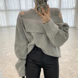 Women's Grey Gothic Pullover Knitted Sweater Harajuku Korean 90s Y2k Long Sleeves Jumper Striped Sweaters Vintage 2000s Clothes