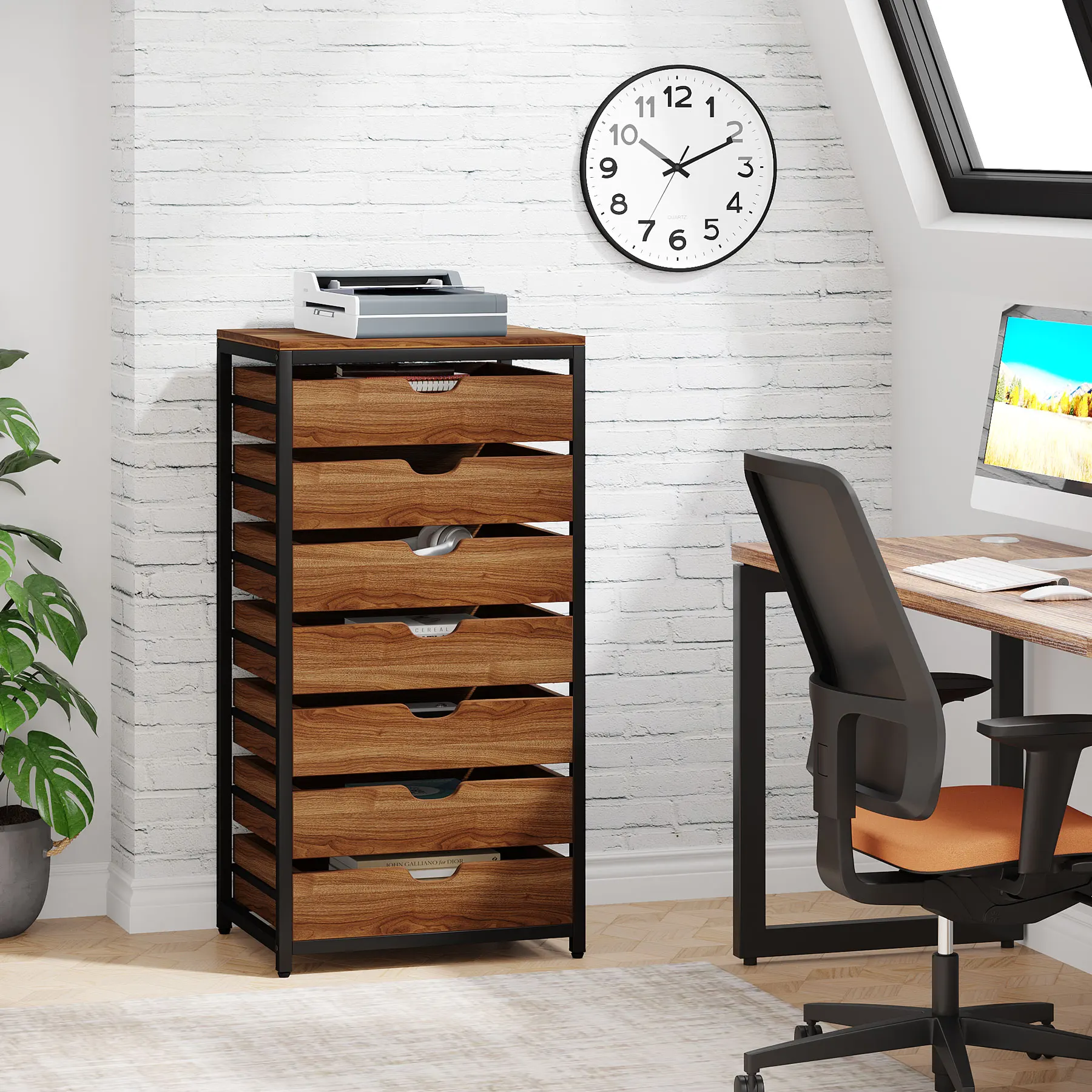 # 7-Drawer File Cabinet, Wood Mobile Storage Drawer Unit, Industrial Office Cabinet with Drawers & Wheels