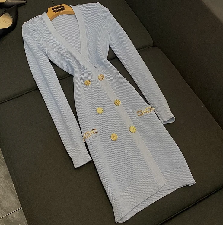 French Style Vintage Deep V-neckline Chain Lady 2024 Spring Cloth Double-breasted Long Sleeve Women Skinny Knit Mini Dress