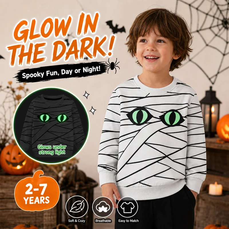 Little Hand Boys Girls Long Sleeve Tops Glow in the Dark Cat Eye Mummy Print Casual Halloween Sweatshirt for Toddler 2-7Y