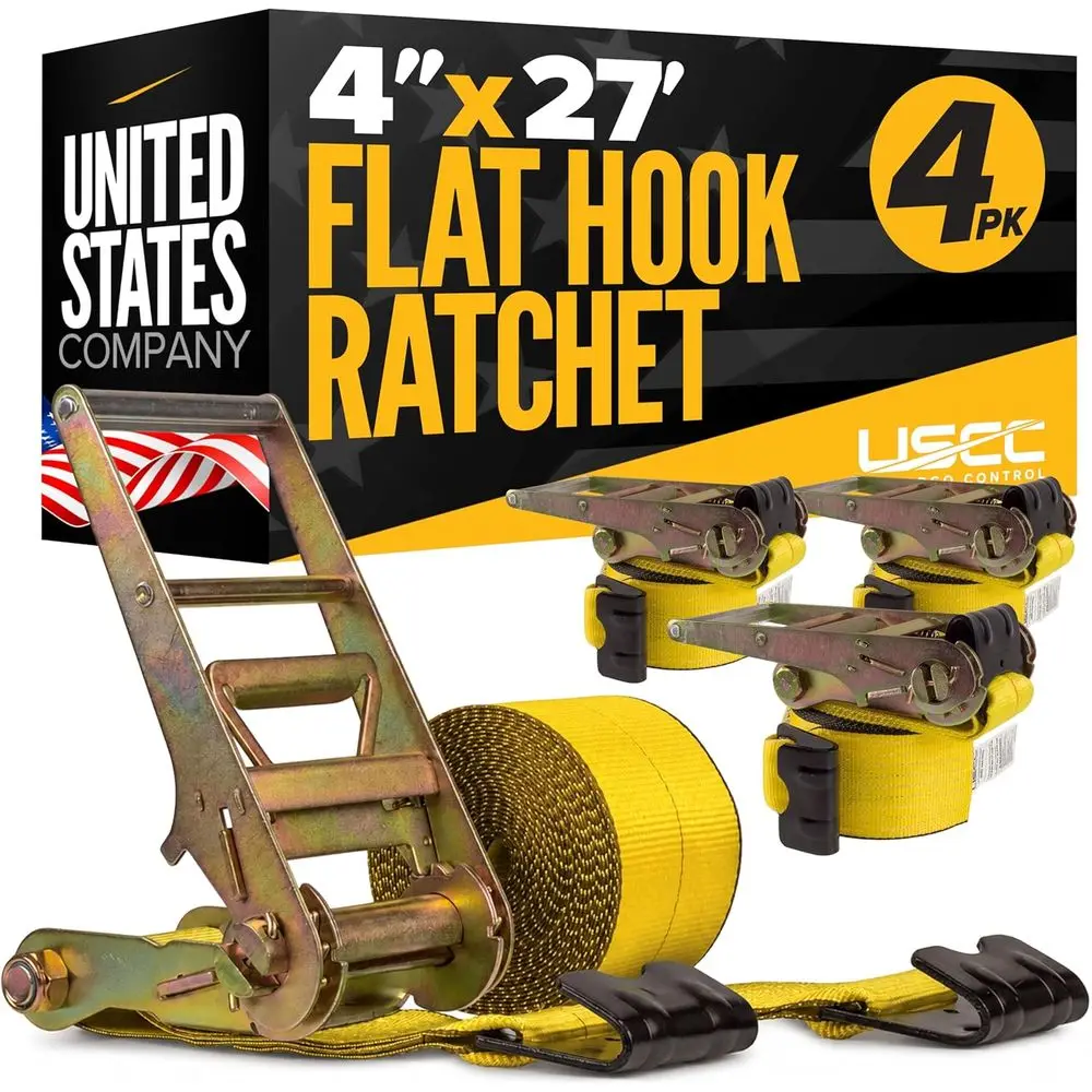 4-Pack 4 x 27' Yellow Ratchet Straps with Black Hooks, 5,400 lbs WLL, Ideal for Trailers and Hauling