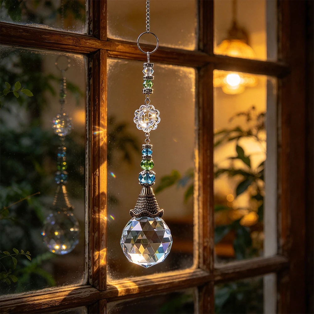 Faceted Crystal Ball Suncatcher Prism Rainbow Maker Vintage Metal Floral Window Hanging Ornament Chandelier Chime Home Decor