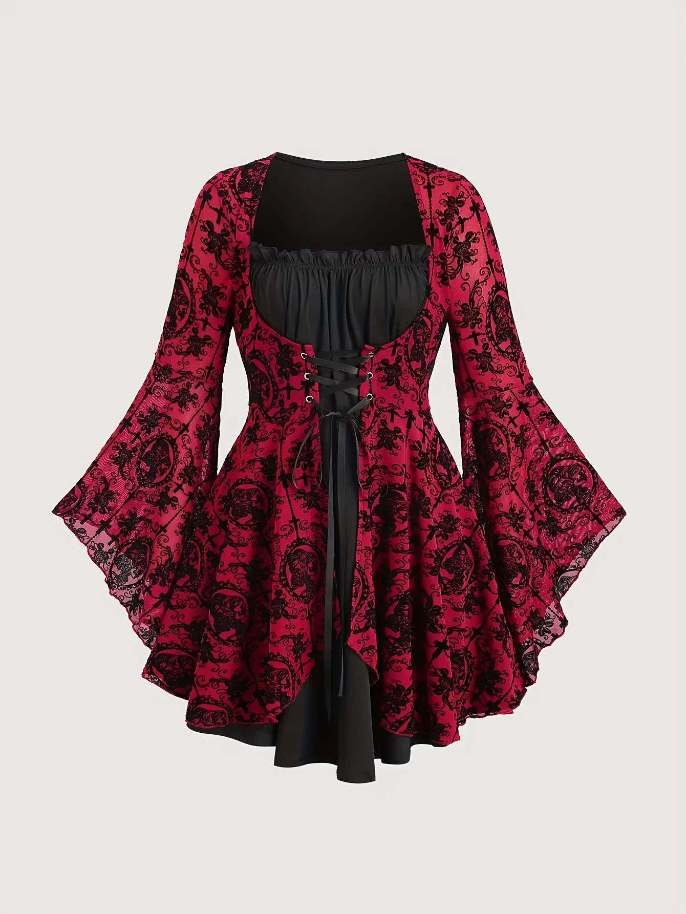 

Elegant plus Size Gothic Floral Lace Dress for Ladies with Bell Sleeves And Ruffled Hem Elegant Gothic Floral Lace Dress