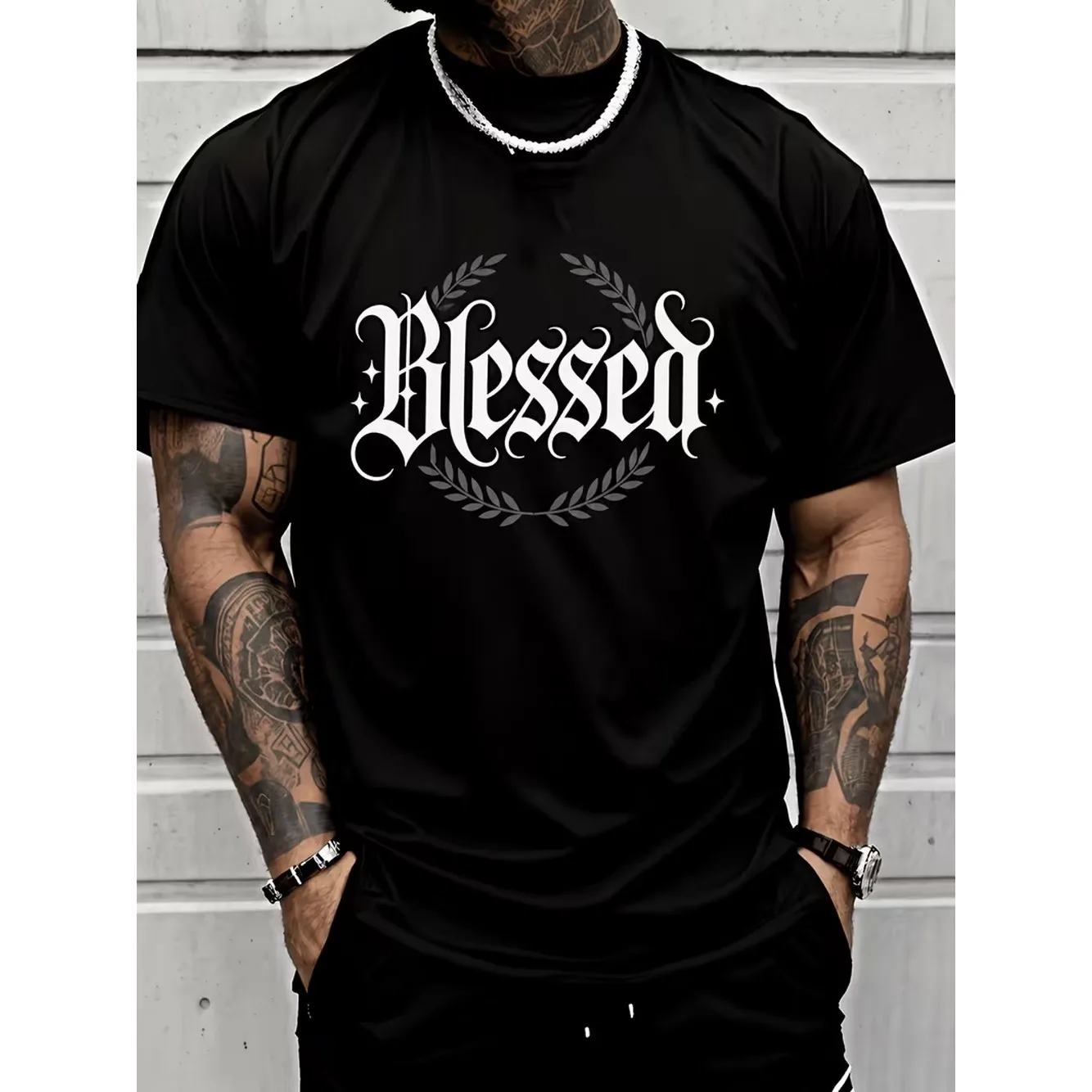 mens fashionable casual t shirt with blessed letter and wreath design for street size black 0