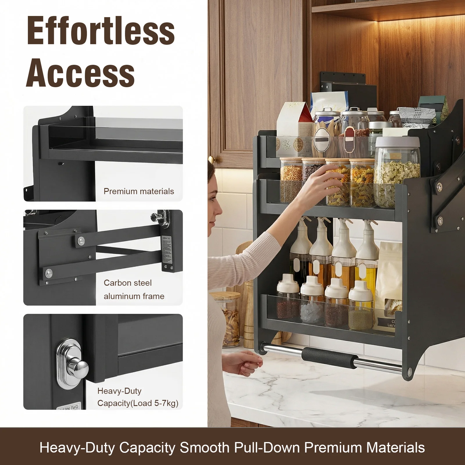 

2-Tier Heavy Duty Cabinet Organizer Aluminum Alloy 22.2 Inch Wall Cupboard Lifting Basket Large Storage Space 15kg