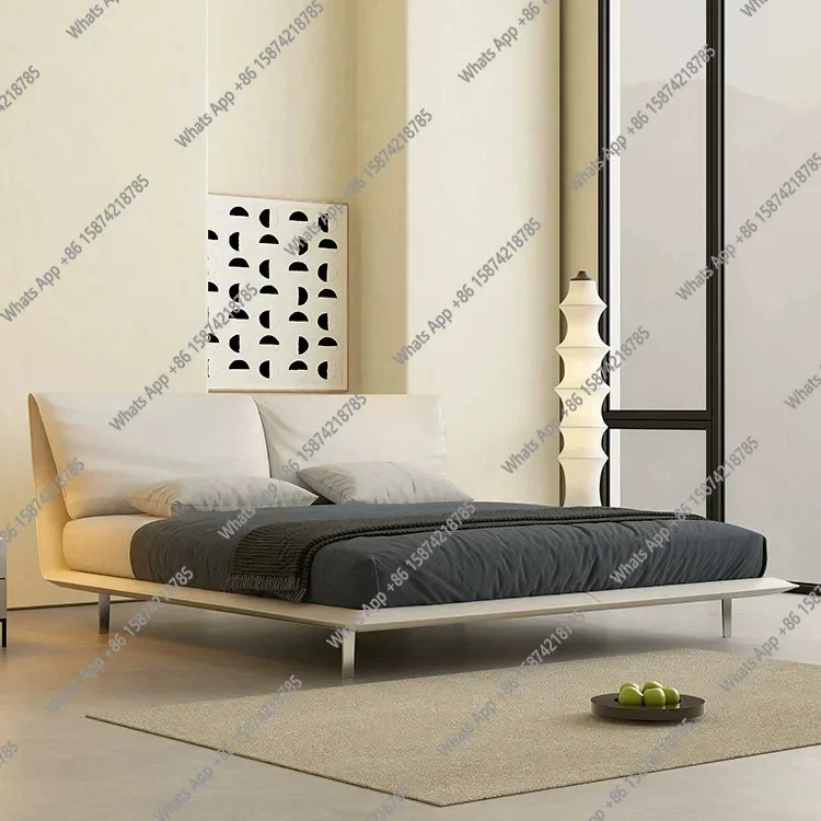 N49 J Italian Minimalist Elephant Ear Bed First Layer Cowhide Leather Bed Master Bedroom Double 2 * 2 Meters Big Bed Leather Cre