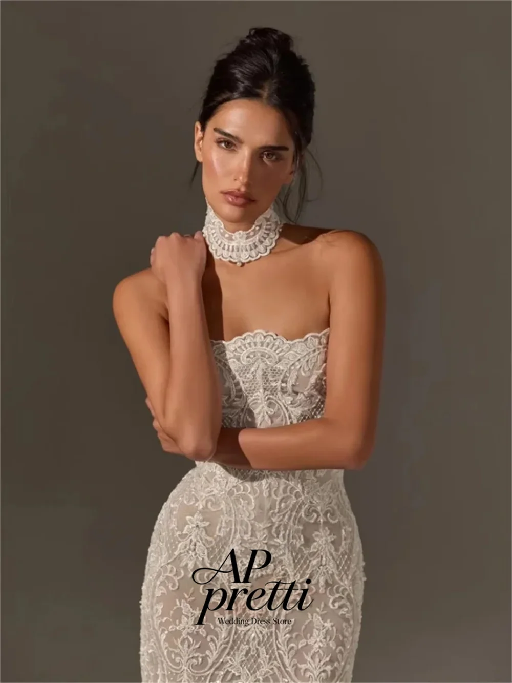 AP pretti Customized Strapless Lace Applique Bridal Gown Mermaid Tea-length Wedding Dresses For Woman Wedding Party Dress