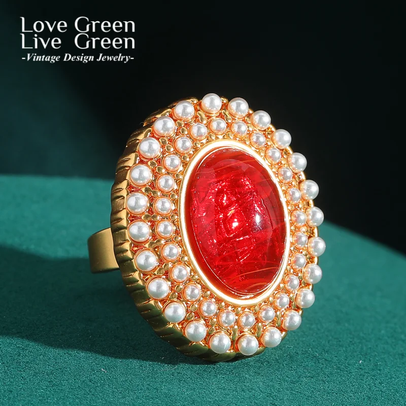 

Vintage Red Glass Oval Pearl Engagement Rings For Woman Large Gold Color Natural Stone Wedding Luxury Quality Jewelry Brand
