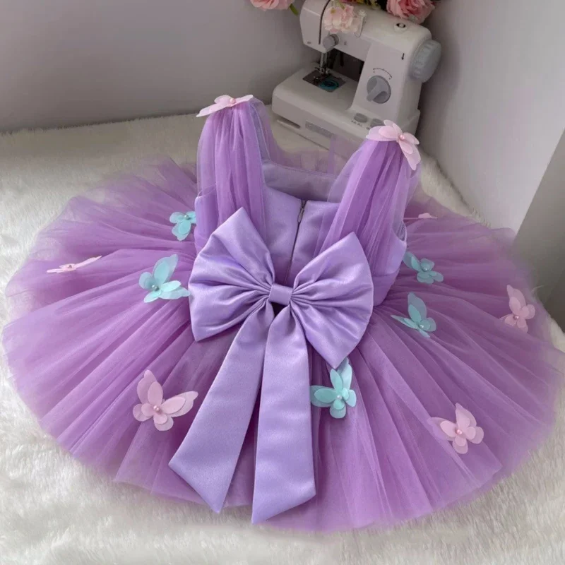 Vestidos de niña de flores personalizados, tul morado, mariposa colorida con lazo para boda, fiesta, cumpleaños, vestidos de comunión