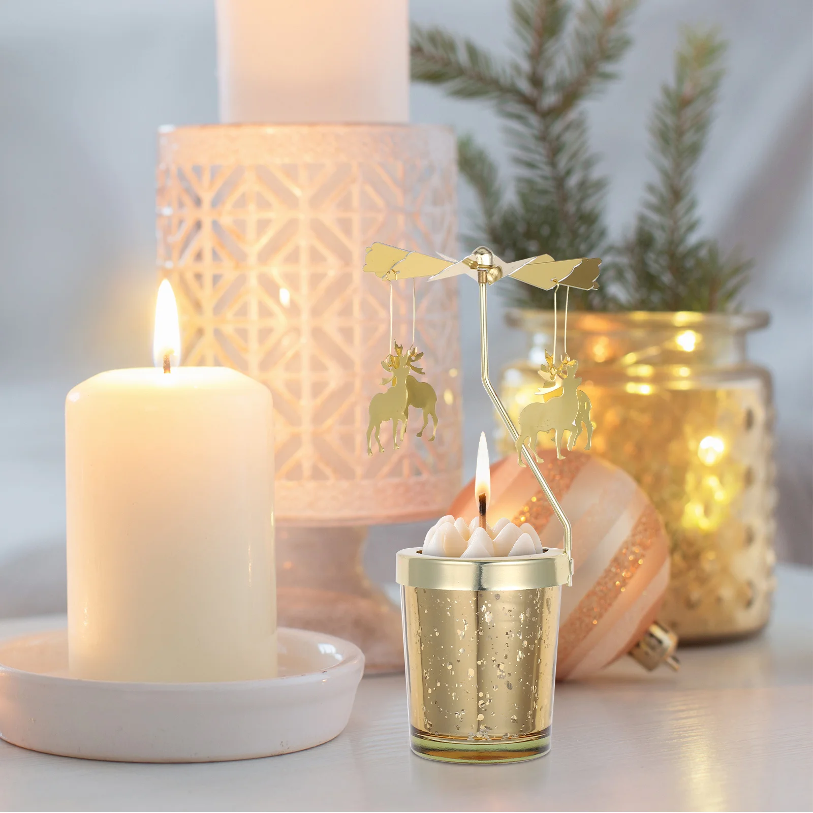 

Fawn Rotating Holder Golden Finish Tealight Pillar Stand Tabletop Decoration Ideal for Wedding Home Decor