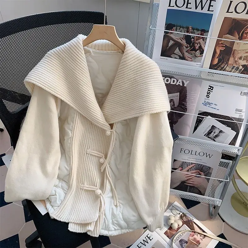 KUSAHIKI NEW Knitted Patchwork Sailor Colalr Logn Sleeve Parka Coat Korean Retro Single Breasted Women Jackets 2023 New Parkas