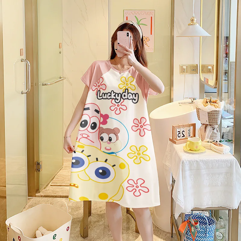 SpongeBob Patrick Star Sleepwear Women Cartoon Sweet Nightdress Short Sleeve Casual Loose Nightgown Student Summer Loungewear