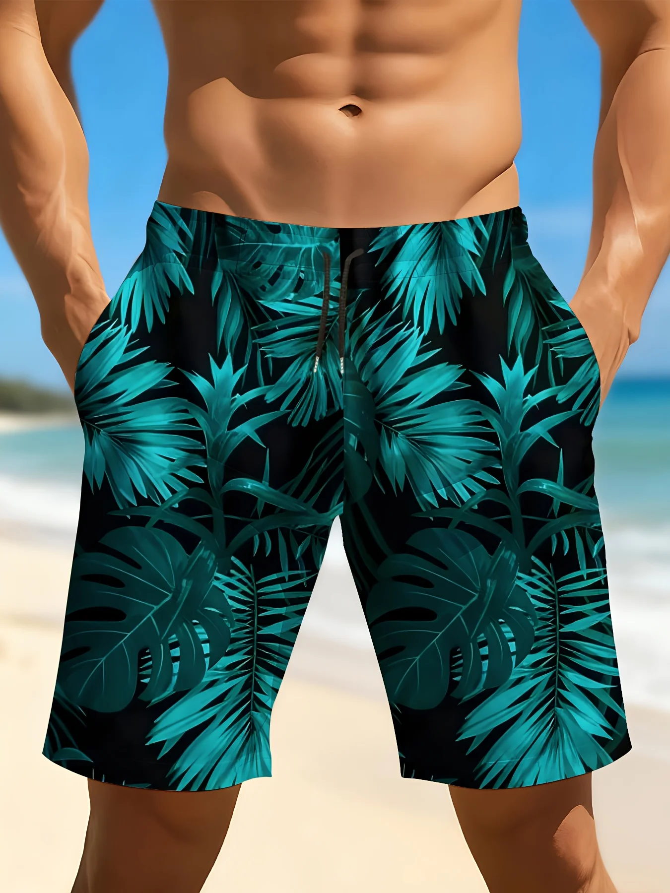 Plams Men'S Leaf Pattern Beach Shorts Featuring An Adjustable Drawstring Waist and Pockets Perfect for Hawaiian Vacations