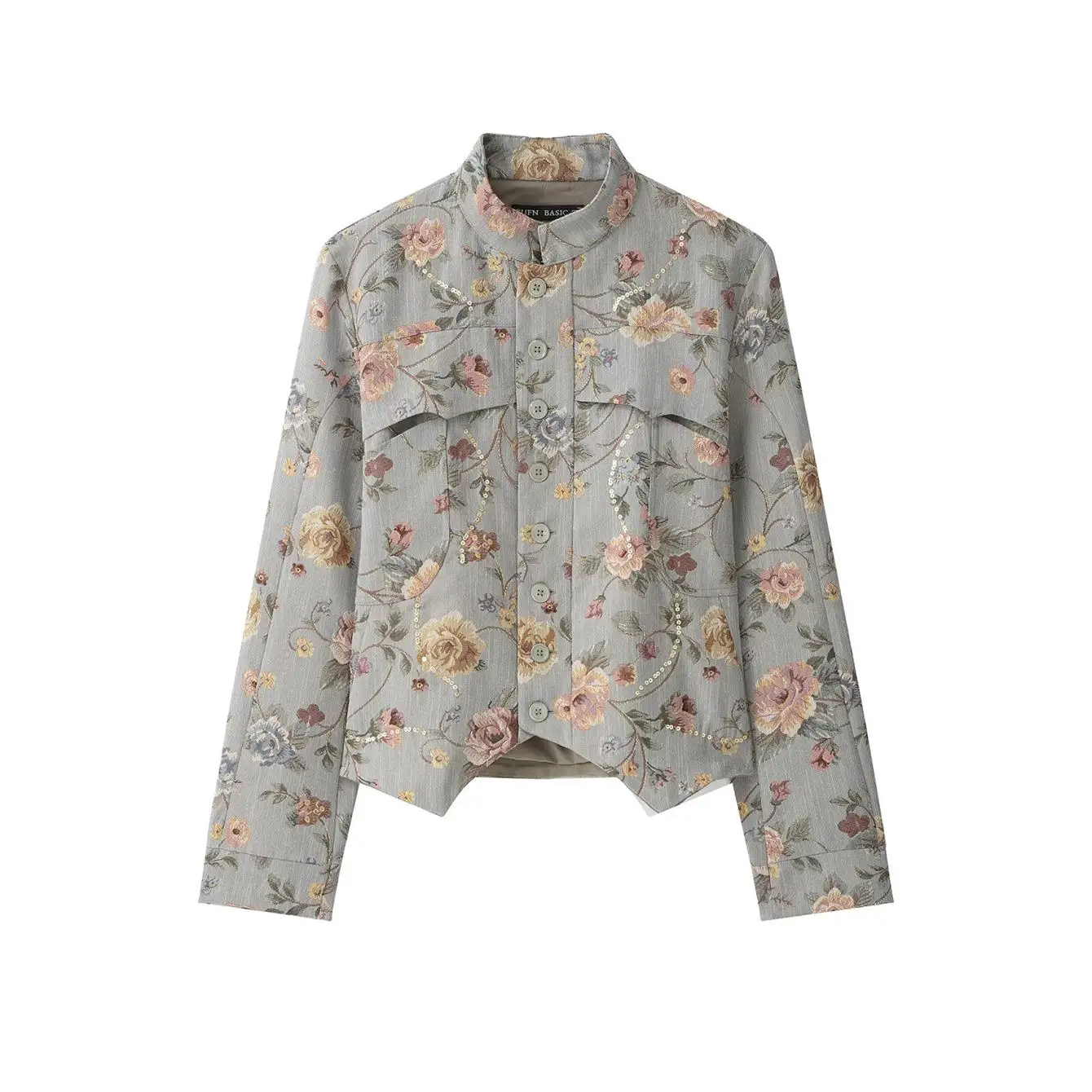 TFMLN 2026 Damen Pailletten-Blumenjacke Stehkragen Knopfleiste Vorne Elegante Lässige Oberbekleidung Mode Neue Schlanke Passform Bedruckter Kurzer Mantel – Detail 2