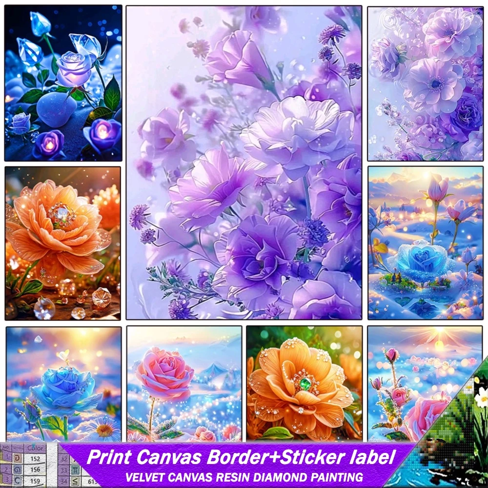 5D DIY Resin Diamond Painting With Stickers And Canvas Edge Flower Rose Mosaic Cross Embroidery Set Full Embroidery Home Decor 