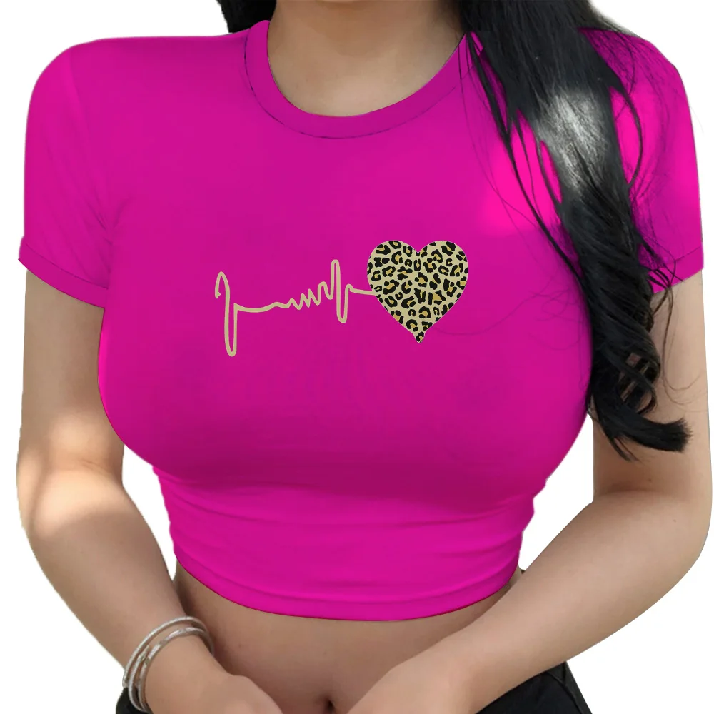 Summer Women's Crop Top Heartbeat Graphic Short Sleeve Girls Casual Clothes Woman Basic T Shirts Tee Female T-shirt Streetwear